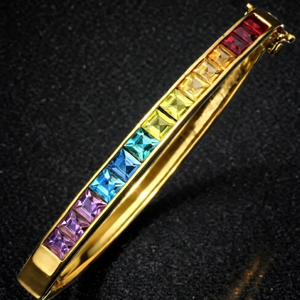 Suzanne Somers vintage rainbow princess cut REAL gemstone bangle bracelet HSN